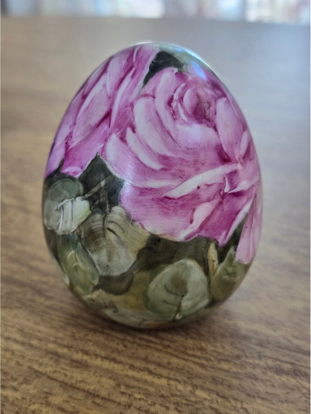 Vtg Hand-Painted Porcelain Egg Pink Rose Floral Design, Signed "ging"  3.75" T